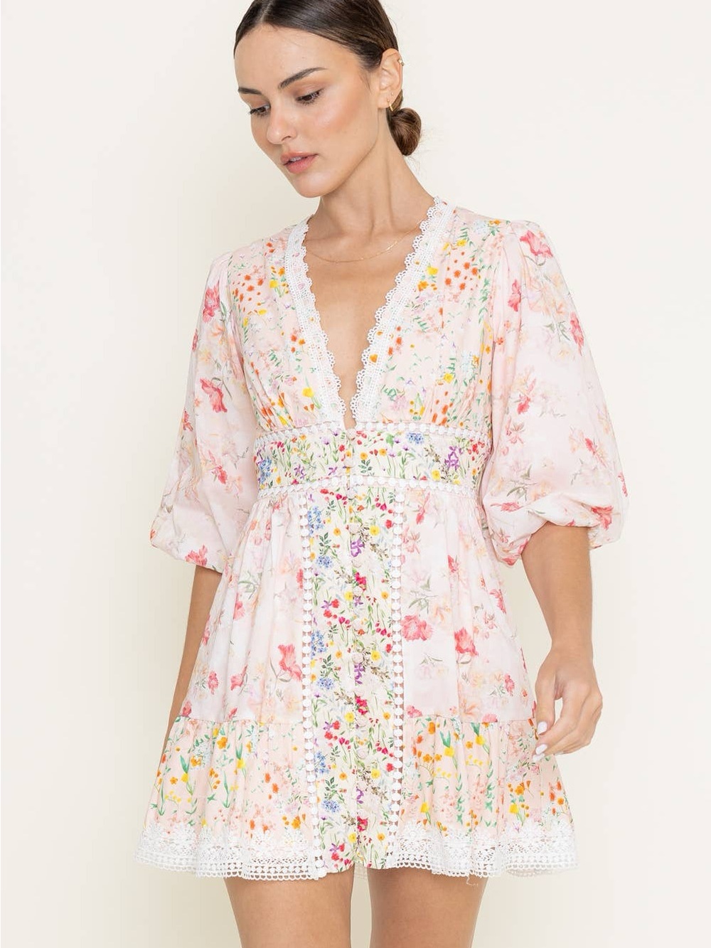 FORE Collection Floral Crochet Bubble Hem Mini Dress Pink Large
